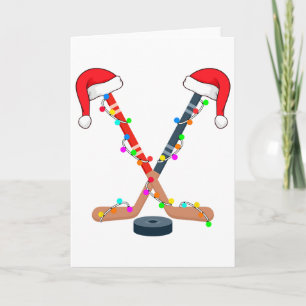 Hockey Santa Hat Christmas Lights Funny Sport Xmas Card