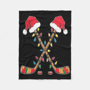 Hockey Santa Hat Christmas Lights Funny Sport Xmas Fleece Blanket