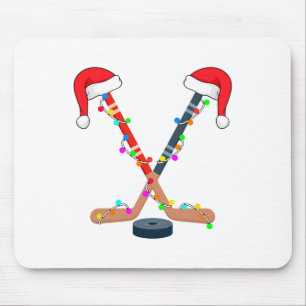Hockey Santa Hat Christmas Lights Funny Sport Xmas Mouse Pad