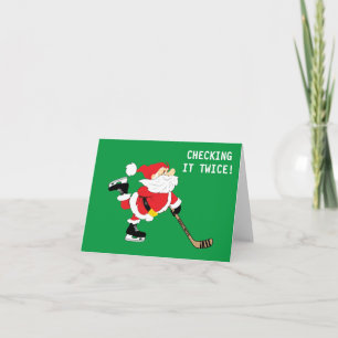 Hockey Santa Skating Christmas Checking It Twice Holiday Card