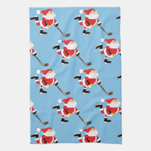 Hockey Santa Skating Christmas Kitchen Decor Tea Towel
