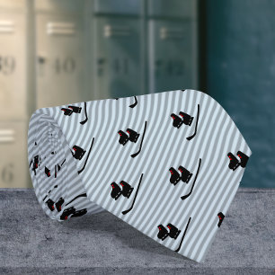 Hockey Skates and Stick on Ice Blue Stripes Tie
