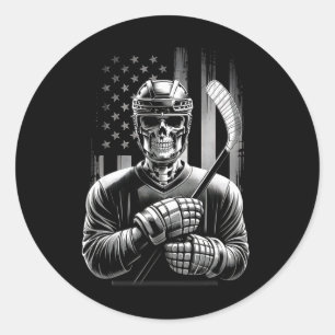 Hockey Skeleton American Usa Flag Halloween Men Te Classic Round Sticker