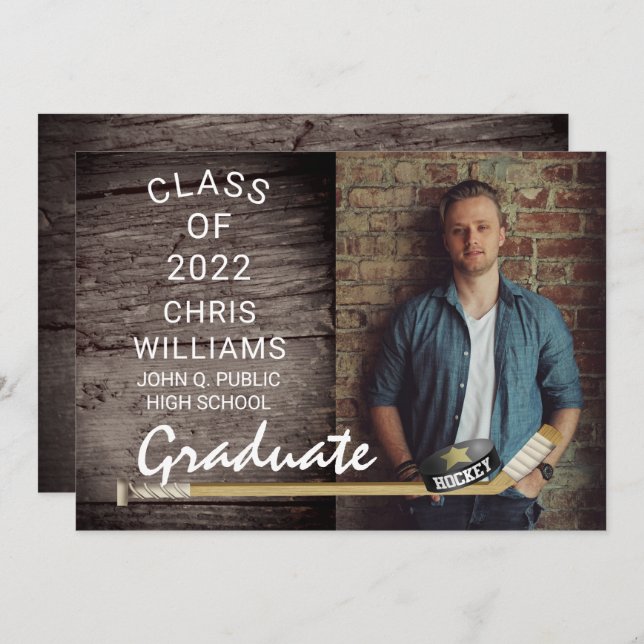 Hockey Sports Rustic Photo Graduation Announcement (Front/Back)