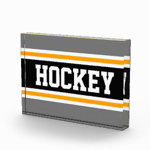 HOCKEY Sporty Grey Black White Yellow Stripes Photo Block