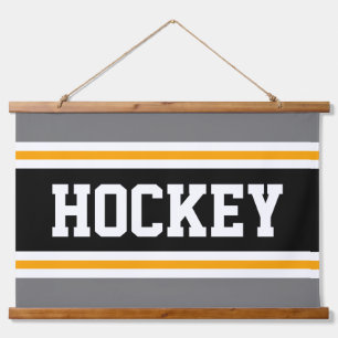 HOCKEY Sporty Grey Black Yellow Racing Stripes Hanging Tapestry