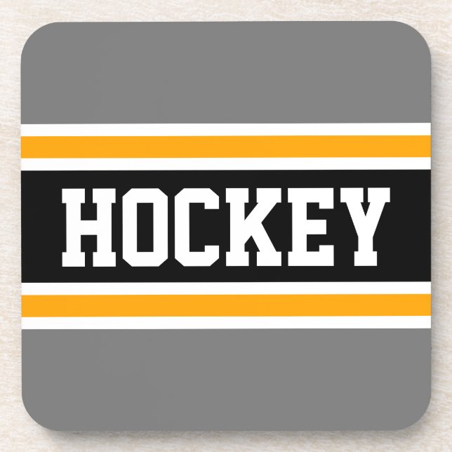 HOCKEY Sporty Grey Yellow Black White Stripes Coaster (Front)
