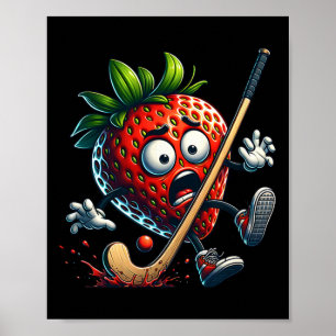 Hockey Strawberry Panic Cartoon Fruit Sports Humor Poster