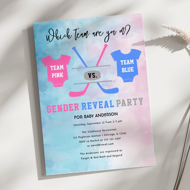 Hockey Team Blue vs Team Pink Gender Reveal  Invitation (Hockey Team Blue vs Team Pink Gender Reveal Invitation)