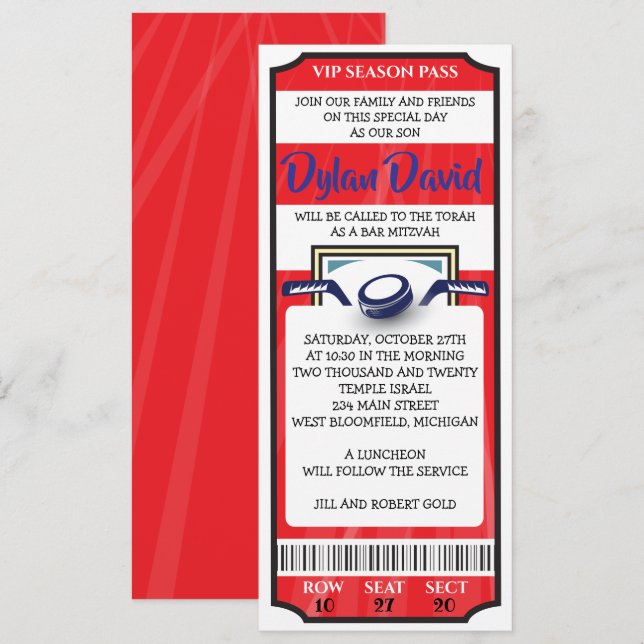 HOCKEY TICKET IN RED Bar Bat Mitzvah Invitation (Front/Back)