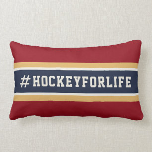 #hockeyforlife Red Navy & Gold Ice Hockey Hashtag Lumbar Cushion