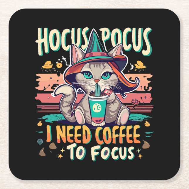Hocus Focus - I need coffee to focus Square Paper Coaster (Front)