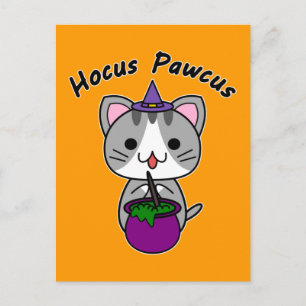 Hocus Pawcus - Grey Tabby Cat - Black Writing Holiday Postcard