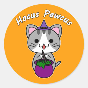 Hocus Pawcus - Grey Tabby Cat - White Writing Classic Round Sticker