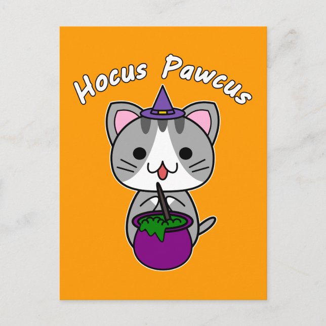 Hocus Pawcus - Grey Tabby Cat - White Writing Holiday Postcard (Front)