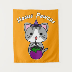 Hocus Pawcus - Grey Tabby Cat - White Writing Tapestry