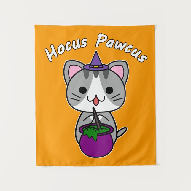 Hocus Pawcus - Grey Tabby Cat - White Writing Tapestry (Front)