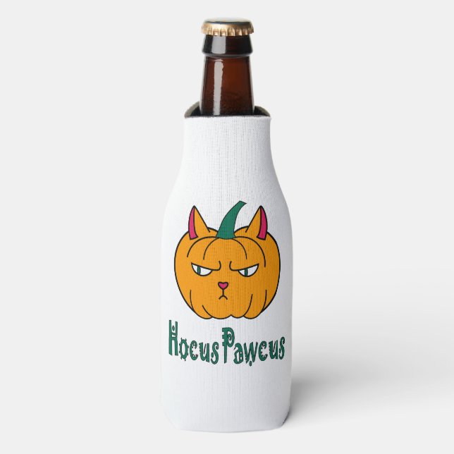Hocus pawcus Halloween pumpkin ginger cat magic Bottle Cooler (Bottle Front)