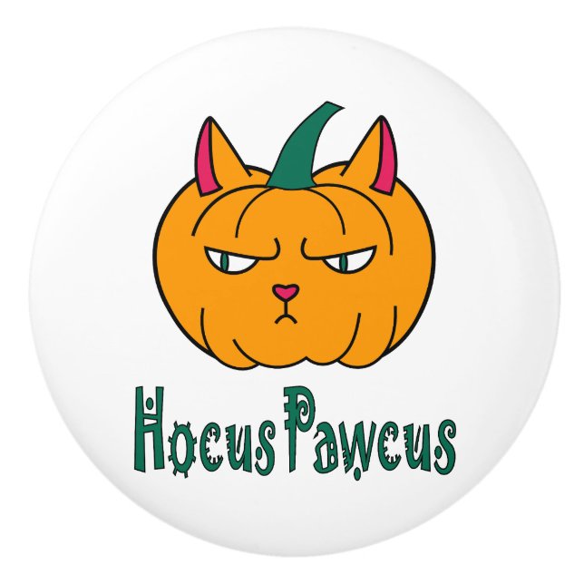 Hocus pawcus Halloween pumpkin ginger cat magic Ceramic Knob (Front)