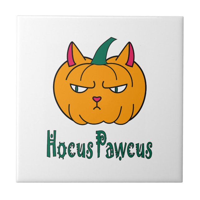 Hocus pawcus Halloween pumpkin ginger cat magic Ceramic Tile (Front)