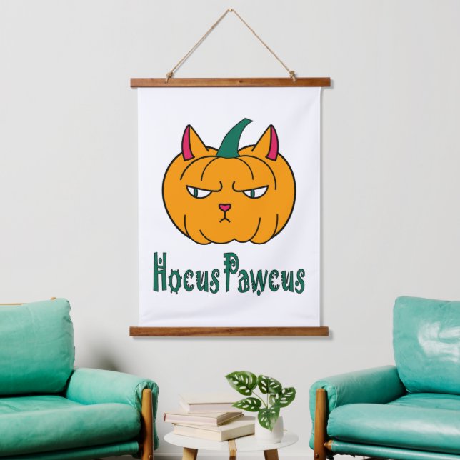 Hocus pawcus Halloween pumpkin ginger cat magic Hanging Tapestry (Living Room)