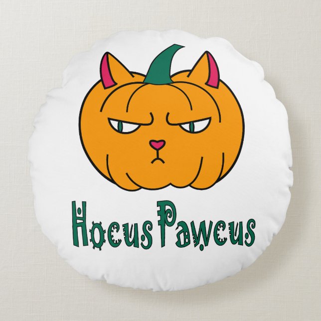 Hocus pawcus Halloween pumpkin ginger cat magic Round Cushion (Front)