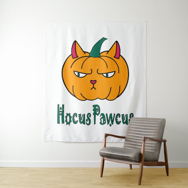 Hocus pawcus Halloween pumpkin ginger cat magic Tapestry (In Situ)