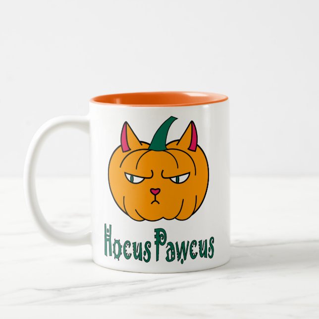 Hocus pawcus Halloween pumpkin ginger cat magic Two-Tone Coffee Mug (Left)