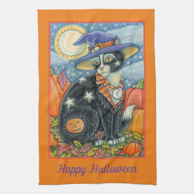 HOCUS POCUS BLACK CAT WITCH HALLOWEEN TEA TOWEL (Vertical)