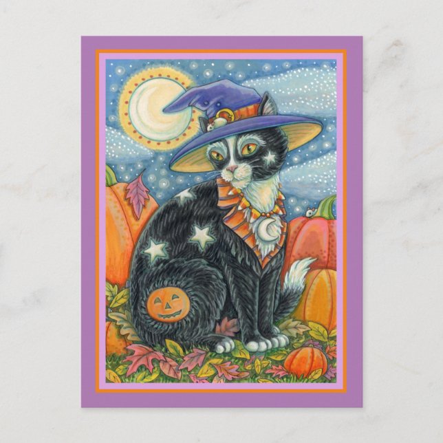 HOCUS POCUS BLACK CAT WITCH & MOUSE HALLOWEEN HOLIDAY POSTCARD (Front)