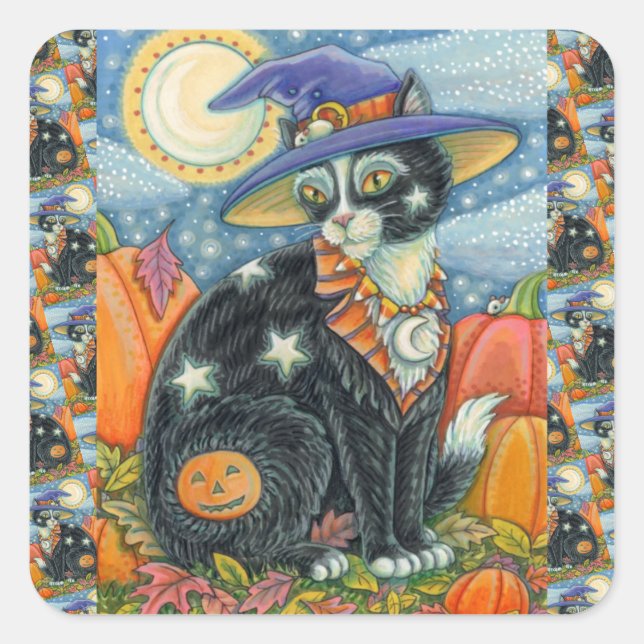 HOCUS POCUS BLACK CAT WITCH & MOUSE HALLOWEEN SQUARE STICKER (Front)