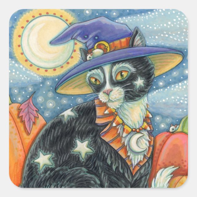 HOCUS POCUS BLACK CAT WITCH & MOUSE HALLOWEEN SQUARE STICKER (Front)