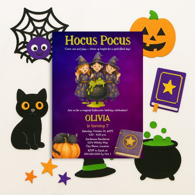 Hocus Pocus Halloween Birthday Party Invitation (Three little witches Hocus Pocus Halloween birthday party invite)