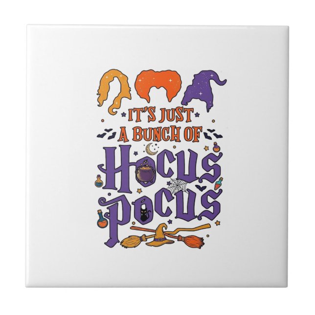 Hocus Pocus Halloween Witches Cauldron Broom Cat M Ceramic Tile (Front)