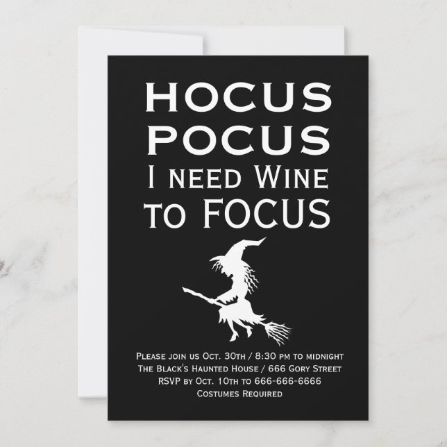 HOCUS POCUS I need Wine to FOCUS Halloween Party Invitation (Front)