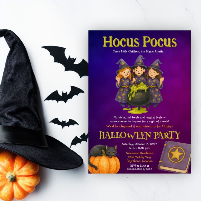 Hocus Pocus Kids Halloween Party Invitation (Fun witches Halloween costume party invitation for kids)