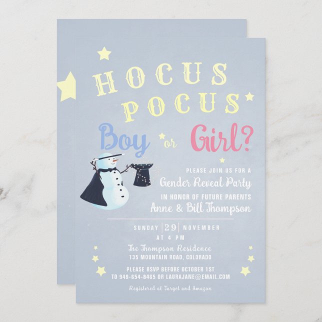 Hocus Pocus Magic Snowman Winter Gender Reveal Invitation (Front/Back)