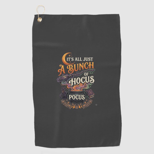 Hocus Pocus Witch Broom Black Cat Magic Cauldron H Golf Towel (Front)