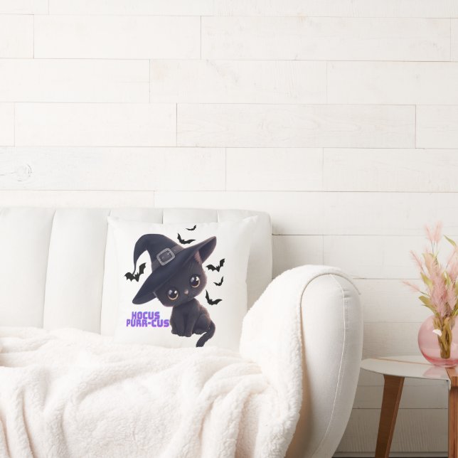 Hocus Purr-cus Cute Black Cat Halloween Art Cushion (Couch)