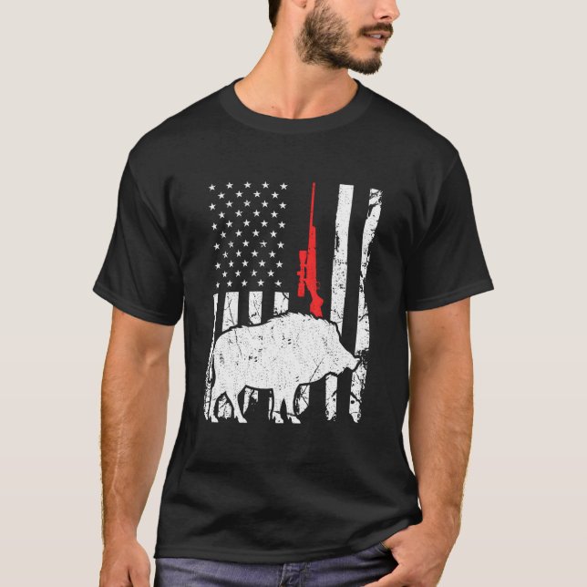 Hog Hunting Us Flag Patriotic American Rifle T-Shirt (Front)