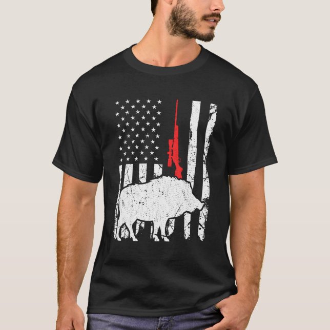 Hog Hunting Us Flag Patriotic American Rifle T-Shirt (Front)