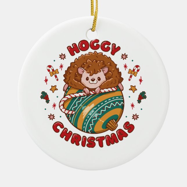 Hoggy Christmas Hedgehog  Ceramic Ornament (Front)