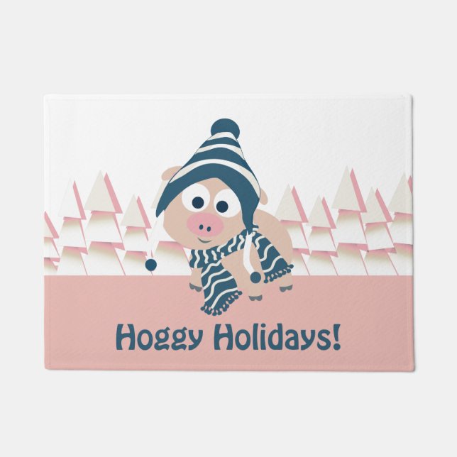 Hoggy Holidays! Cute Pink Pig Doormat (Front)