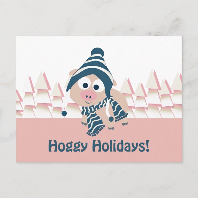 Hoggy Holidays! Cute Winter Pig Holiday Postcard (Front)