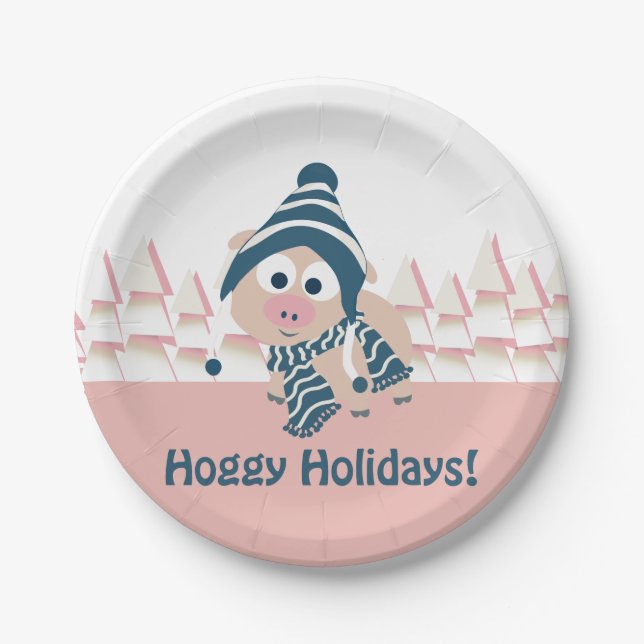 Hoggy Holidays! Cute Winter Pig Paper Plate (Front)