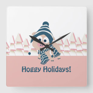 Hoggy Holidays! Cute Winter Pig Square Wall Clock