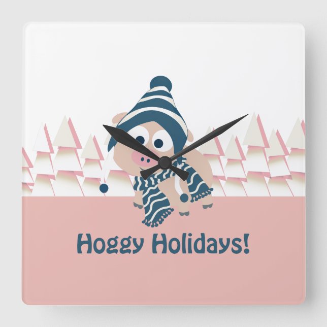 Hoggy Holidays! Cute Winter Pig Square Wall Clock (Front)