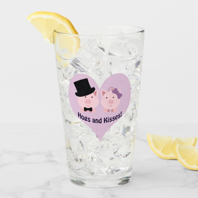Hogs and Kisses Cute Pig Couple Glass (Front Ice)