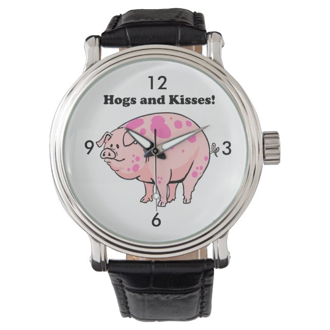 Hogs and Kisses Cute Pig Hog Cartoon Watch (Front)