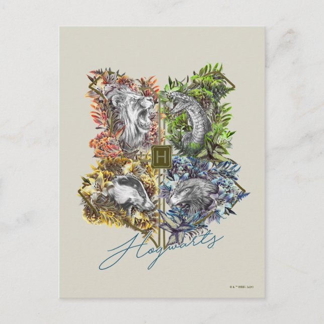 HOGWARTS™ Badge Floral Graphic Postcard (Front)